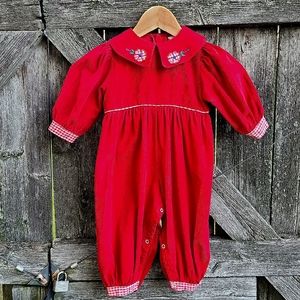 VINTAGE 90'S Red Smock Corduroy Peter Pan Collar Romper 18 Months